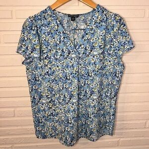 Hilary Radley Blue Floral V-Neck Flutter Sleeve Blouse, Women’s Size Small